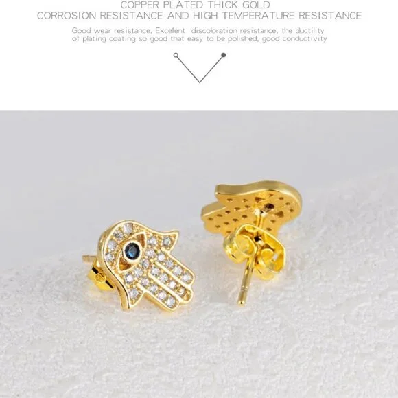 Yellow Gold/White Gold Plated Evil Eye and Hamsa Hand of Fatima White Blue Cubic - Picture 4 of 5